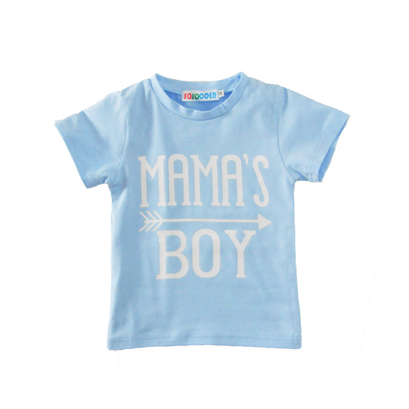 Two-Piece 'Mama's Boy' Outfit: Short-Sleeved T-Shirt with Blue Letter Arrow Geometric Pants