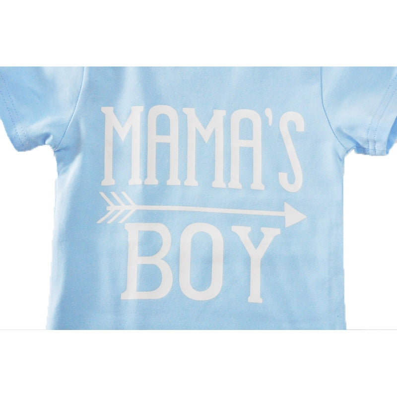 Two-Piece 'Mama's Boy' Outfit: Short-Sleeved T-Shirt with Blue Letter Arrow Geometric Pants