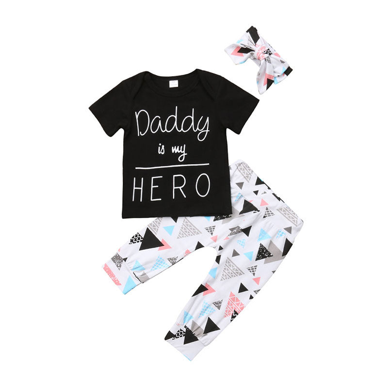 Three-Piece Children's Set Featuring a Graphic Tee with the Message 'Daddy is my Hero'