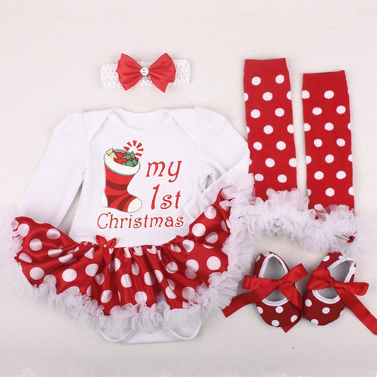 Adorable Four-Piece Christmas Romper Ensemble. Includes Romper, Socks, Shoes, and Head Bow